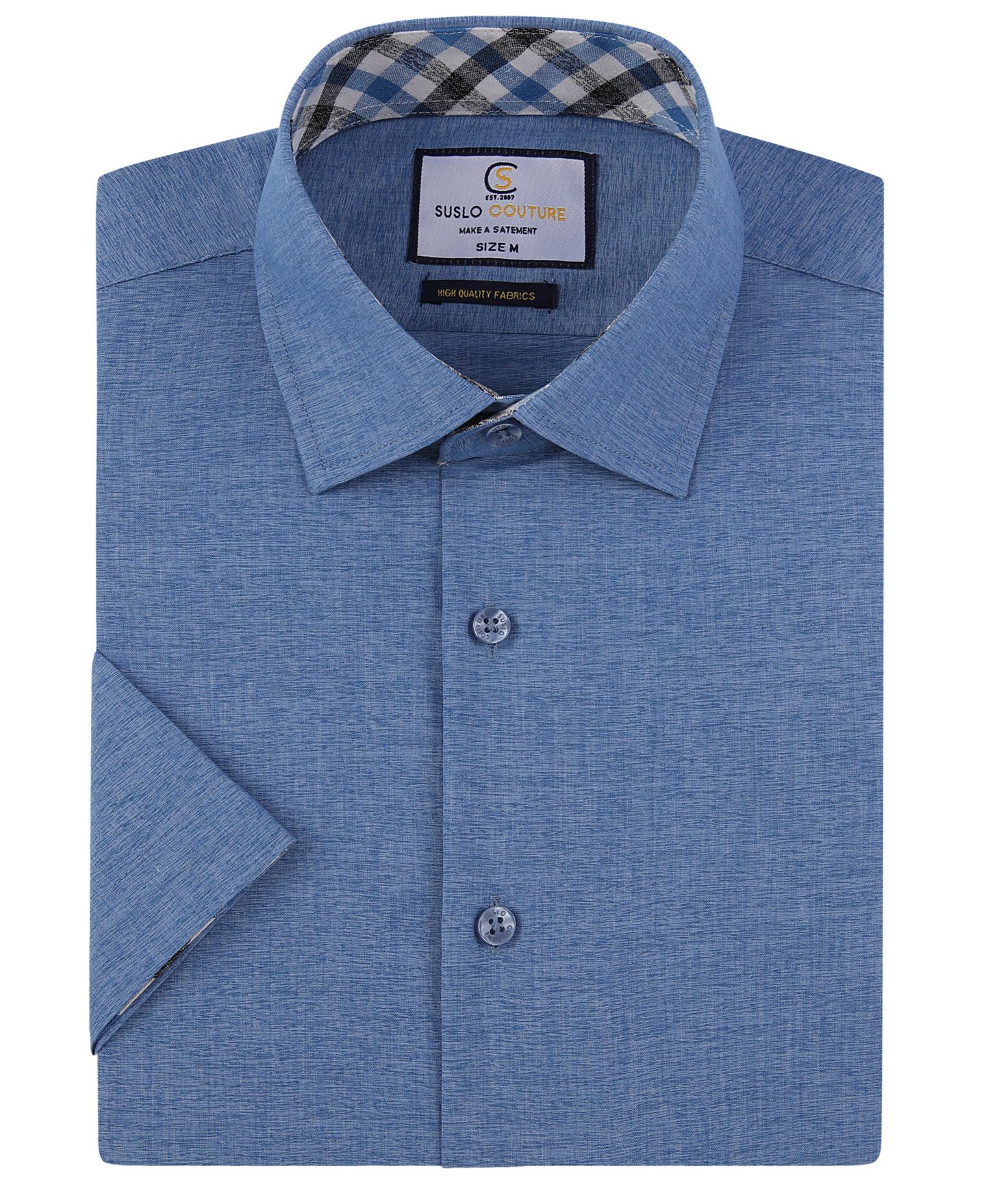 Мужская рубашка Suslo Couture Slim Fit Linen Look Short Sleeve Button Down Shirt, цвет: Тёмно-синий — фото 1