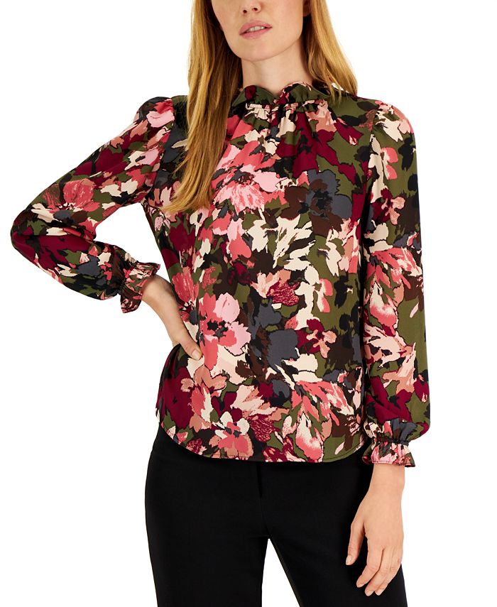 Anne Klein Women S Floral-Print Cardigan Charcoal Size Large