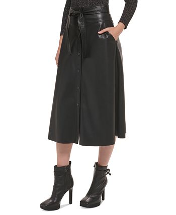 DKNY Women's Faux-Leather Belted Snap-Front Midi Skirt - Macy's