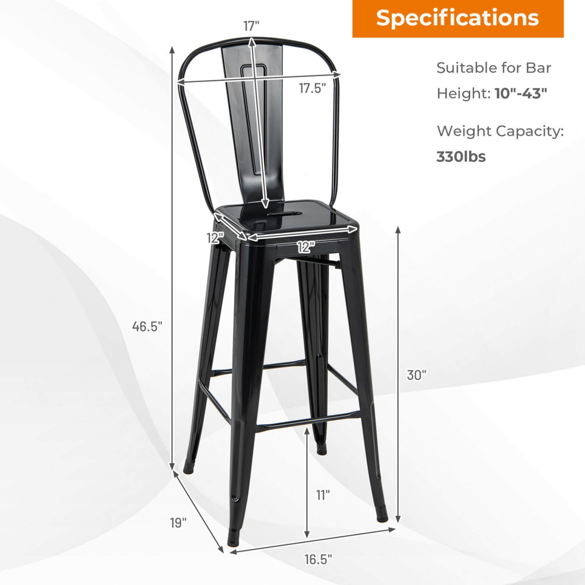 Costway Set of 4 High Back Metal Stool 30'' Seat Bar Height