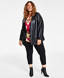 Plus Size Faux-Leather Jacket, Cowlneck Blouse & Straight-Leg Pants