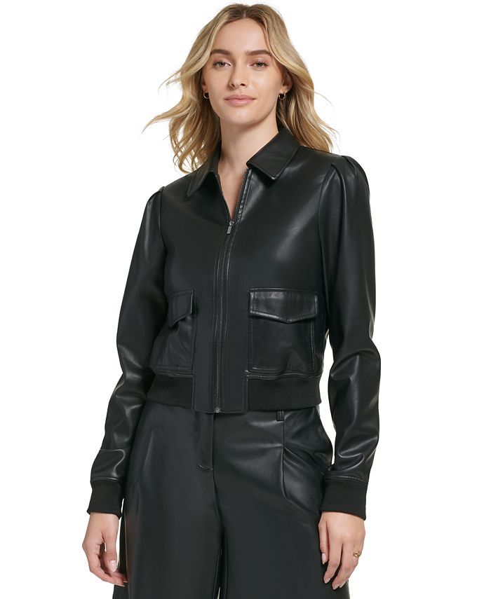 Calvin Klein Women's XFit Faux Leather Puff Shoulder Jacket Macy's