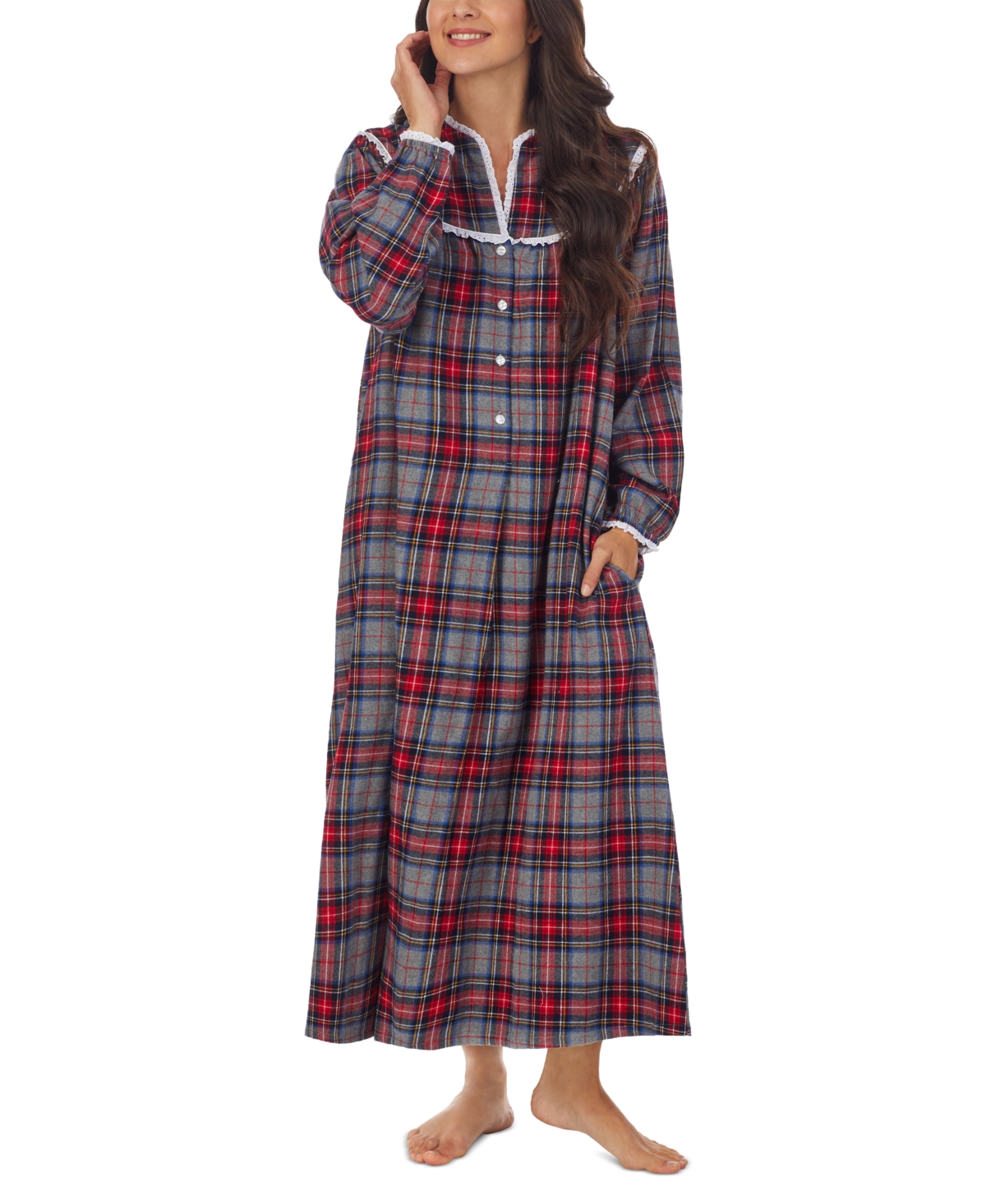 Cotton Lace-Trim Flannel Nightgown - Red Plaid