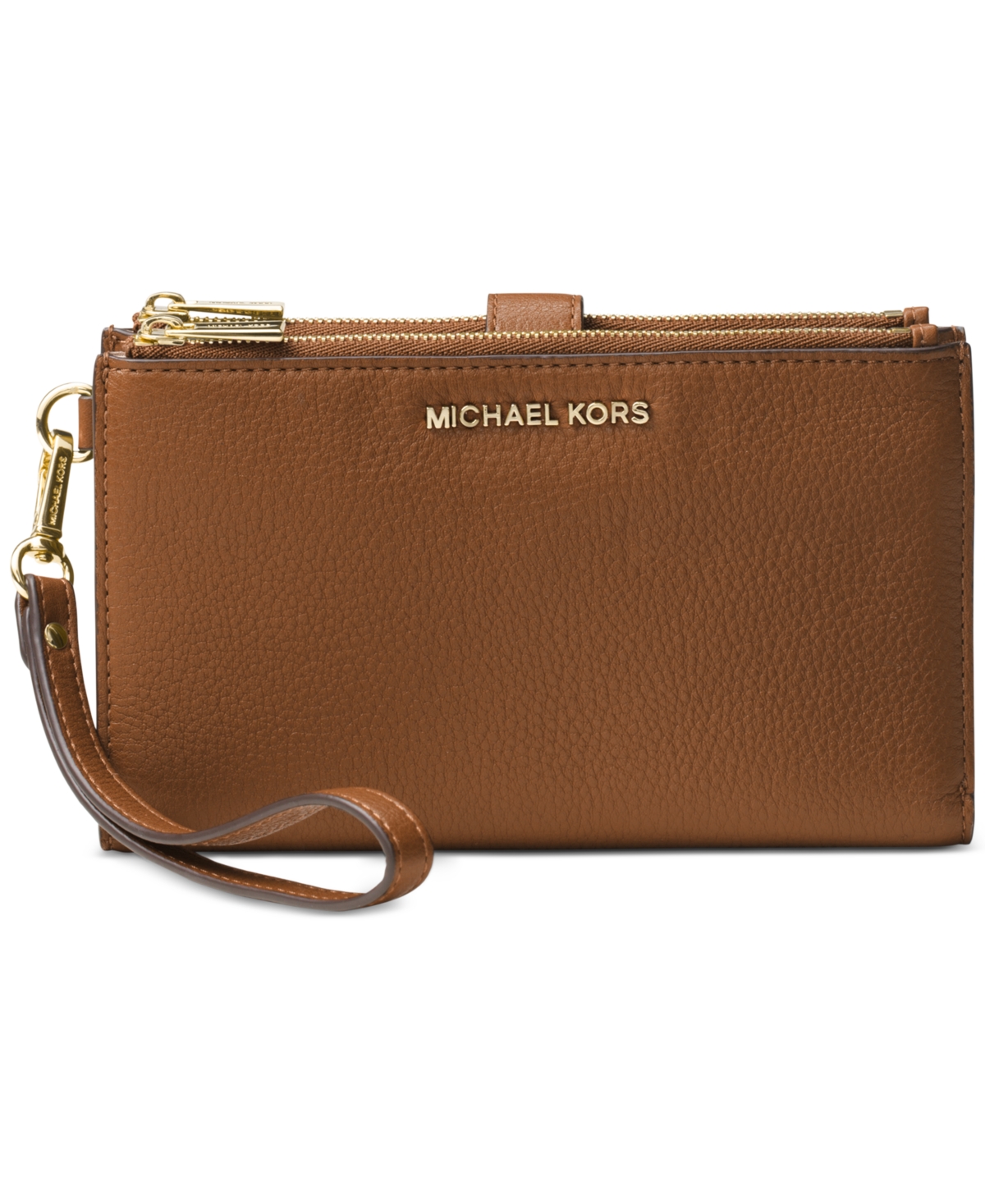 Michael Kors Michael  Adele Double-zip Pebble Leather Phone Wristlet In Luggage