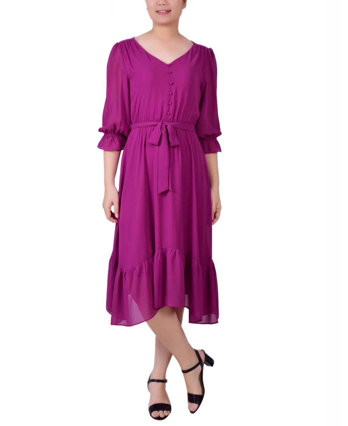 Women's 3/4 Sleeve V-Neck Flounced Dress - Marsala