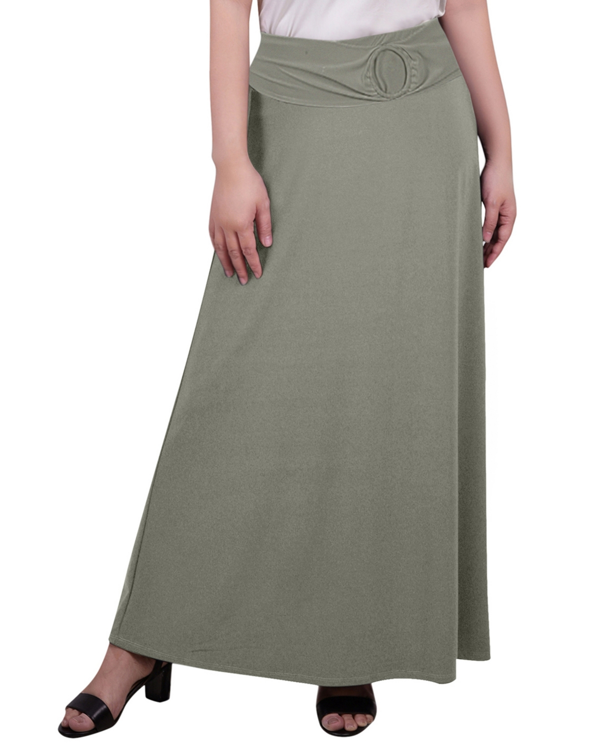 Women's Maxi A-Line Skirt with Front Faux Belt and Ring Detail - Oil Green