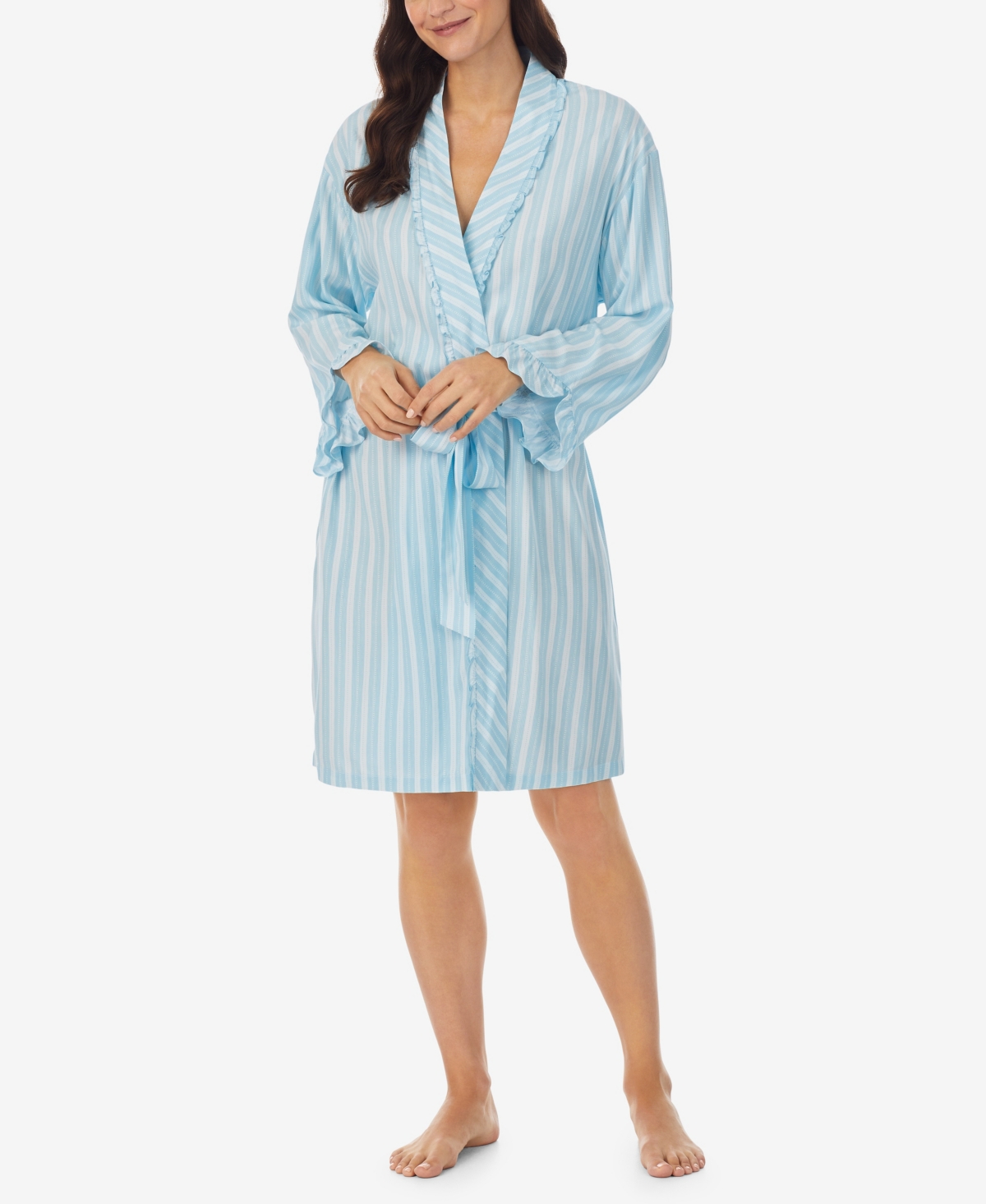 Women's Short Wrap Ruffle Robe - Blue Stripe