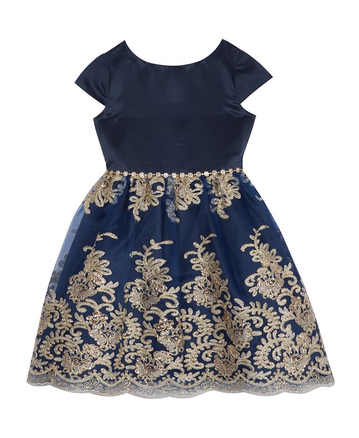 Rare Editions Little Girls Satin Bodice to Embroidered Cord Mesh Skirt