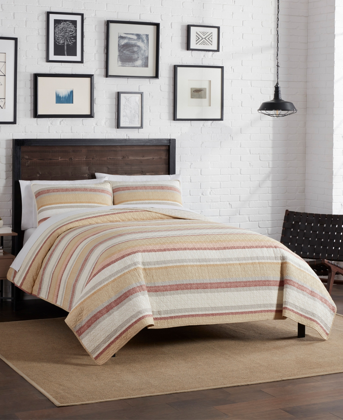 Lucky Brand Phoenix Stripe 3 Piece Quilt Set, King Bedding In Neutral Terracotta Stripe