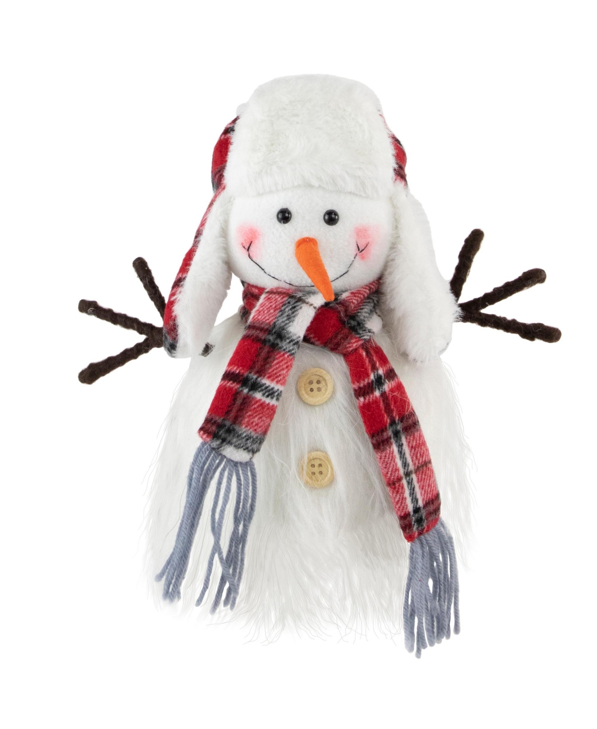 Snowman in Plaid Trapper Hat Christmas Decoration, 10" - White
