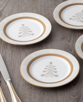 Charlotta Gold Set of 4 Holiday Tree Appetizer Plates, 6.25"