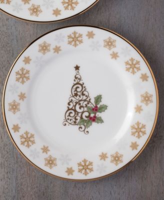 Holly & Berry Gold Set of 4 Holiday Assorted Appetizer Plates, 6.25"