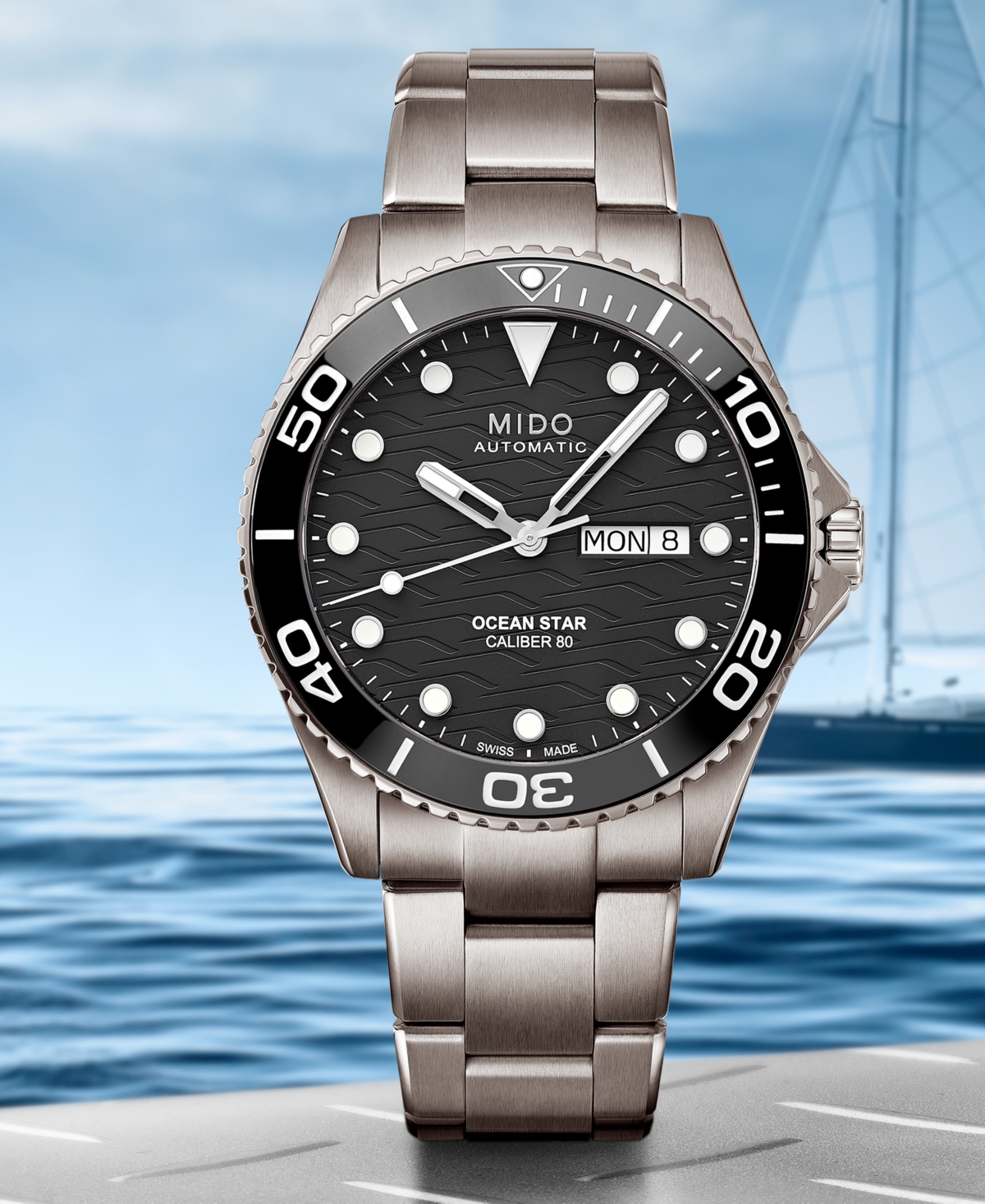 Mido Men's Swiss Automatic Ocean Star Silver-tone Titanium Bracelet Watch 43mm In Black