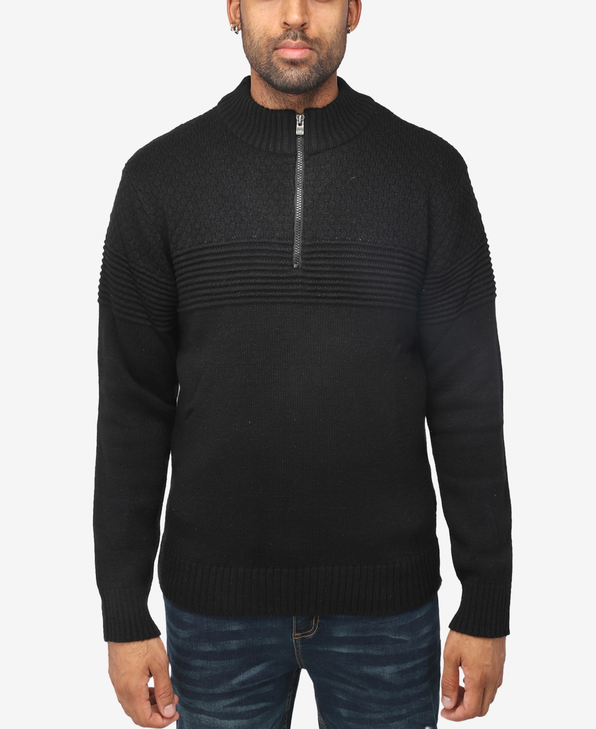 X-ray Men's Mock Neck Texture Quarter Zip Knitted Sweater In Black