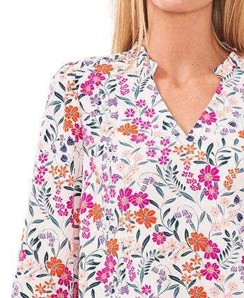CeCe Women's Pleated Floral-Print Long-Sleeve Top main image 1