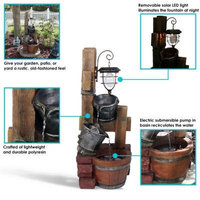 34-Inch Rustic Pouring Buckets Outdoor Water Fountain with Solar Light