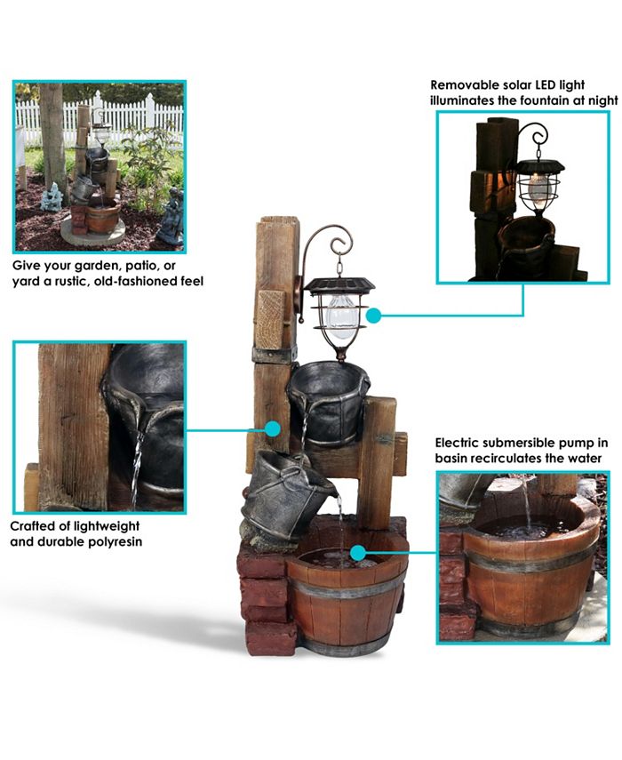 Sunnydaze Decor Rustic Pouring Buckets Water Fountain and Solar Lantern