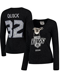 Women's Jonathan Quick Black Los Angeles Kings Henley Lace Up Name and Number Long Sleeve T-shirt