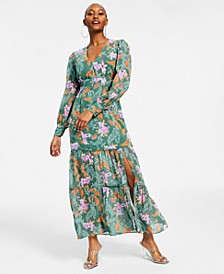 Women&apos;s Printed Long-Sleeve Slit-Hem Maxi Dress&comma; Created for Macy&apos;s