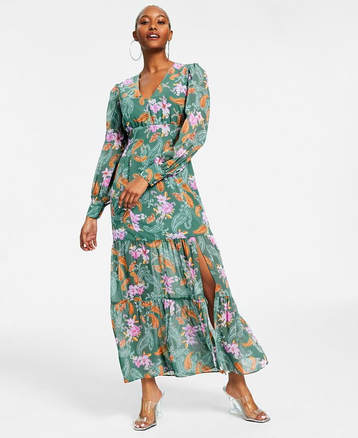 Bar III Petite Floral Chiffon Long-Sleeve Maxi Dress, Created for
