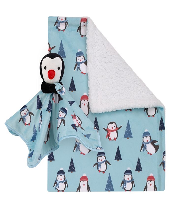 NoJo Penguin Christmas Sherpa Blanket Set - 2 Piece Baby Blanket With Security Blanket
