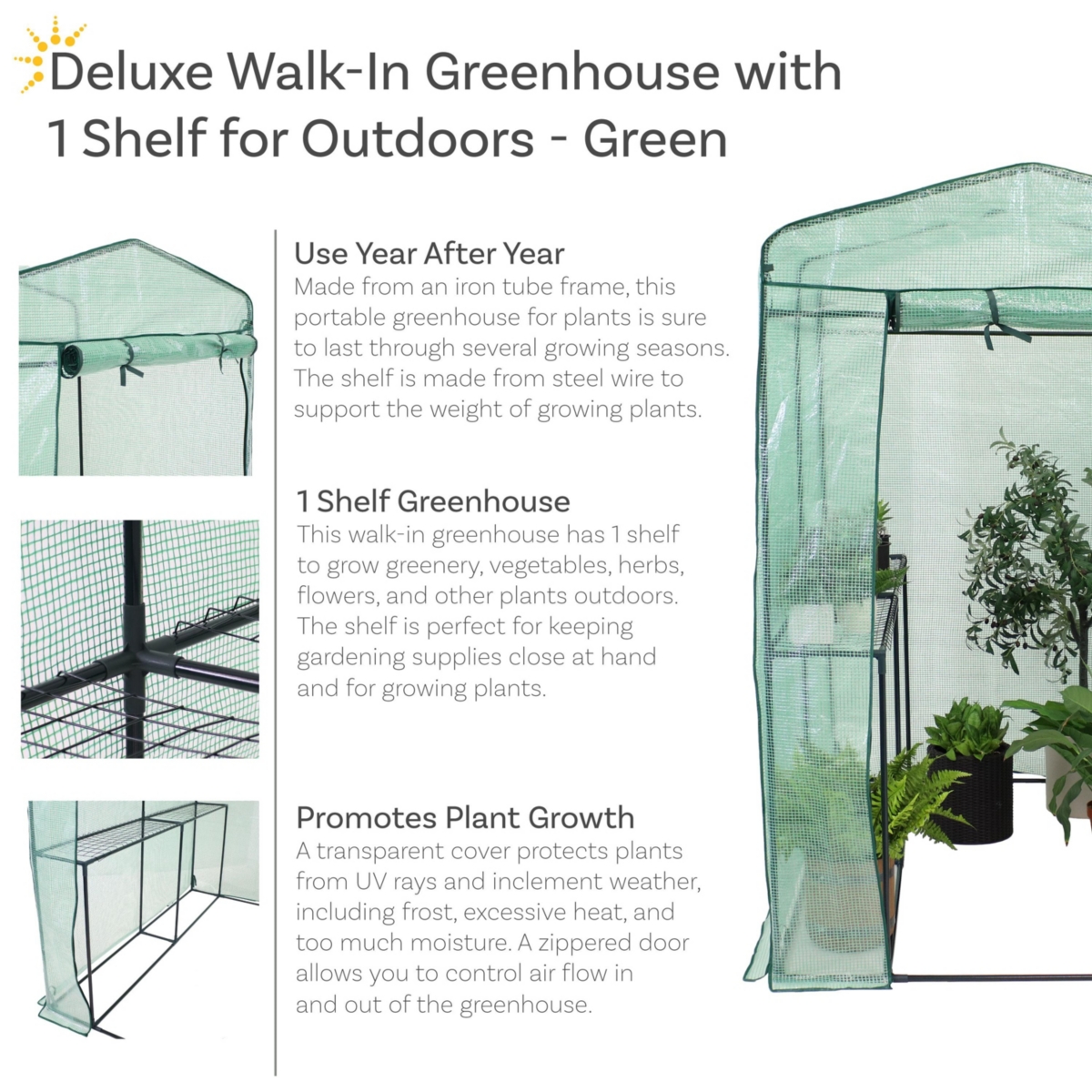 Sunnydaze Decor Iron Pe Cover Walk-In Greenhouse with 1 Shelf -- Green