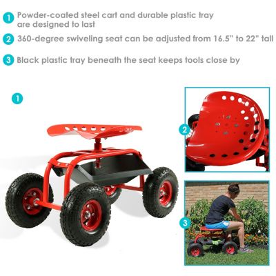 Outdoor Lawn and Garden Heavy-Duty Steel Rolling Gardening Cart with Adjustable Height Swivel Chair, Tool Tray, and Basket