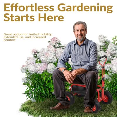 Garden Seat with Wheels - Rolling Garden Stool with Extendable Steer Handle, Swivel Seat and Utility Tool Tray - Red