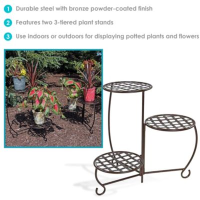 Indoor/Outdoor Steel Decorative Checker Top 3-Tiered Flower Plant Stand Display - Bronze - 2pk