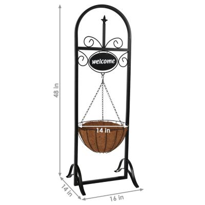 Hanging Basket Planter Stand with Decorative "Welcome" Sign - 48-Inch Tall