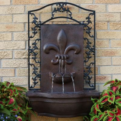 French Lily 33-Inch Polystone Outdoor Solar Wall Fountain - Iron Finish