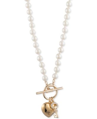 Lauren Ralph Lauren - Gold-Tone Pav&eacute; Key & Logo Heart Imitation Pearl Beaded Pendant Necklace, 16" + 3" extender
