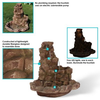 Stone Springs 41-Inch Polyresin Rock Waterfall Fountain with LED Lights - Electric Submersible Pump