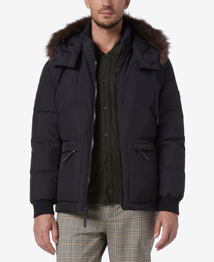 Marc New York Men's Down Bomber with Faux Fur Trim and Removable Hood ...