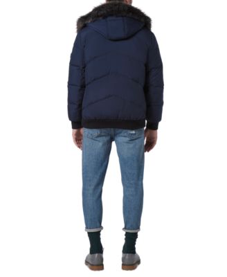 Men's Down Bomber with Faux Fur Trim and Removable Hood