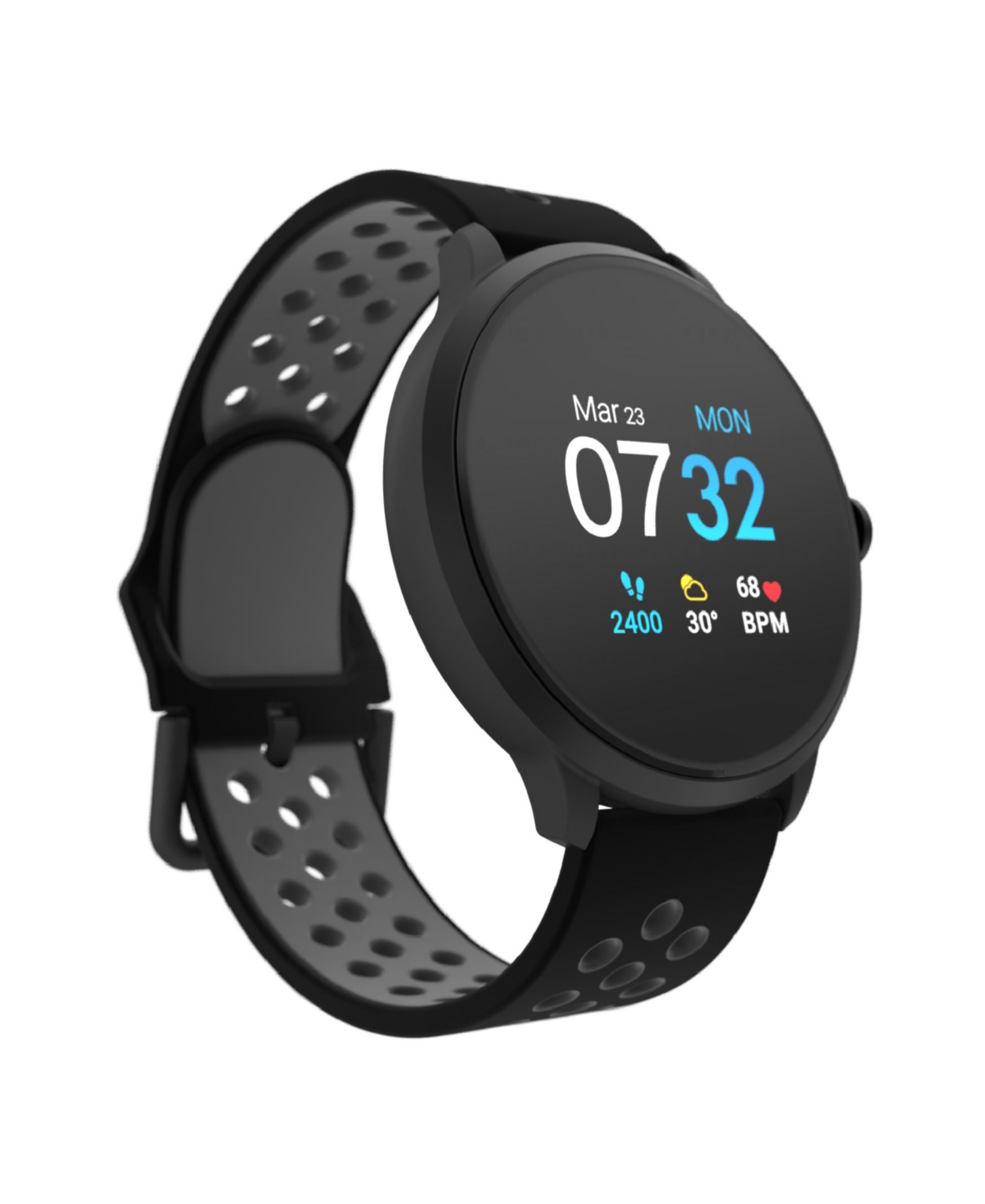 Itouch Sport 3 Unisex Touchscreen Smartwatch: Black Case with Black/Gray Perforated Strap 45mm