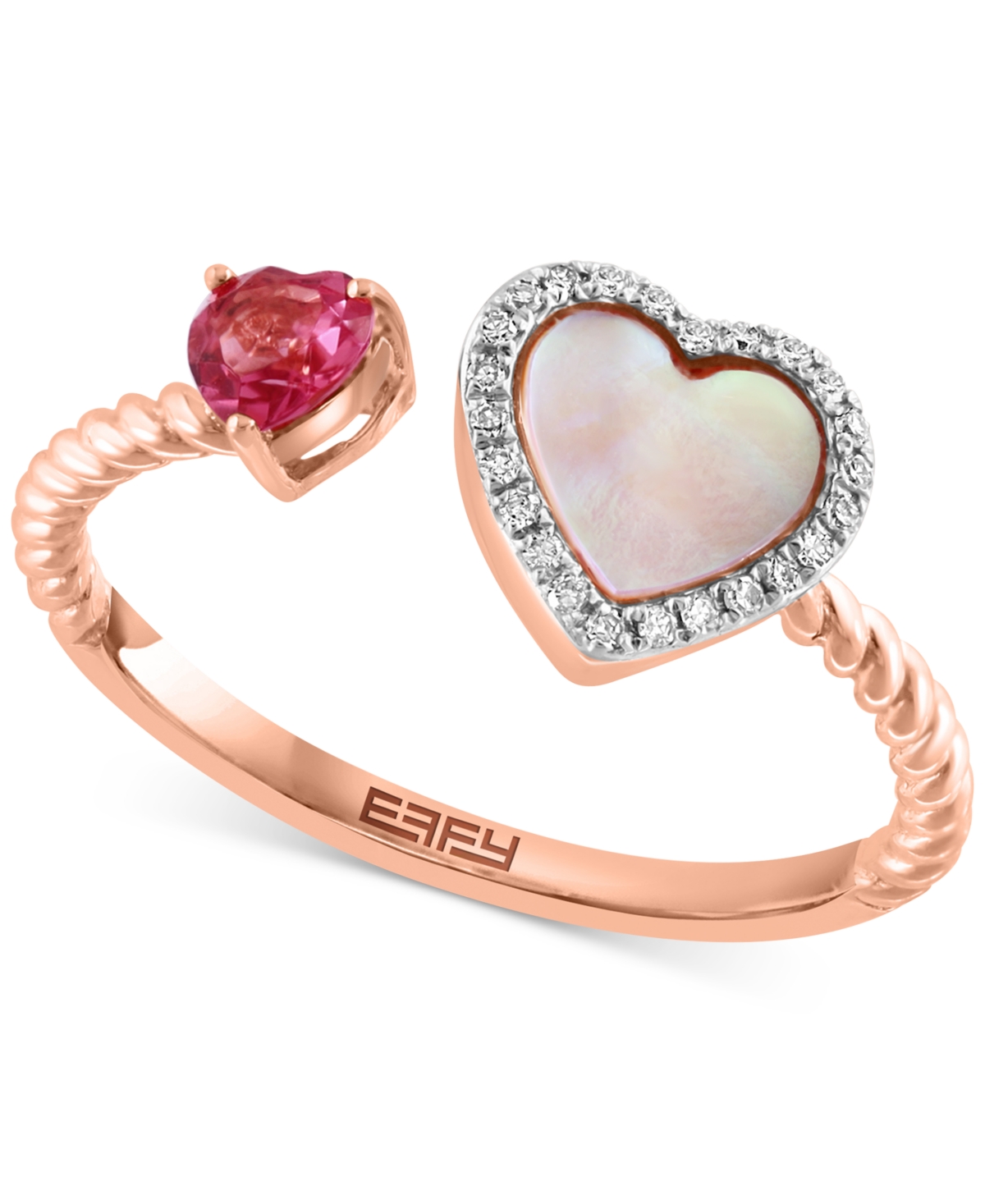 Effy Collection Effy Mother-of-Pearl, Pink Tourmaline (1/5 ct. t.w.), & Diamond (1/20 ct. t.w.) Heart Cuff Ring in 14k Rose Gold