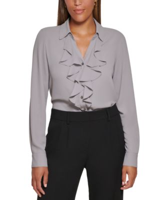 Calvin Klein - Petite Ruffled Front Button-Down Top