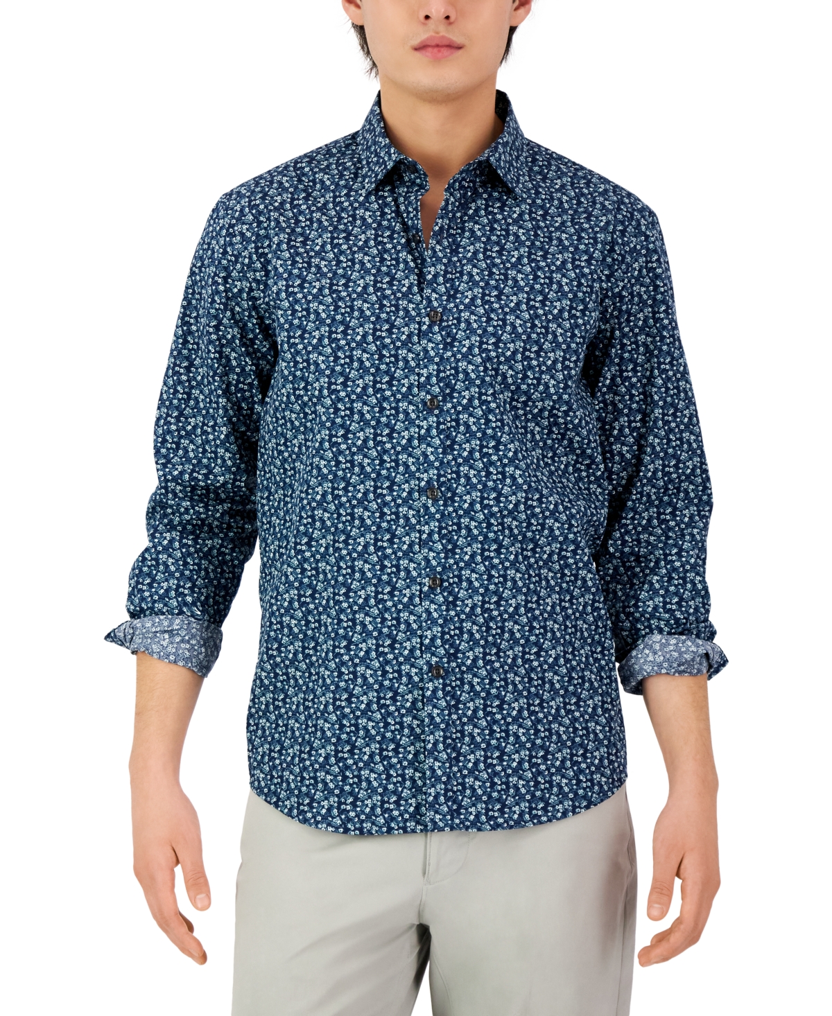 Alfani Men's Long-sleeve Floral Print Shirt, Created For Macy's In Navy Combo