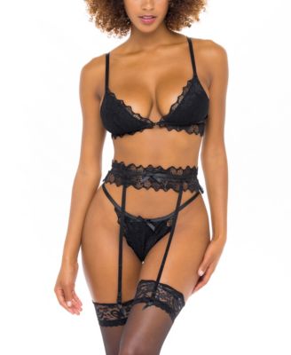 Women's Rosemarie Soft Lace Triangle Cup Bralette, Panty and Garterbelt Set