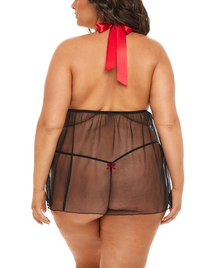 Oh La La Cheri Plus Size Penelope Soft Cup Halter Babydoll with Bow Set