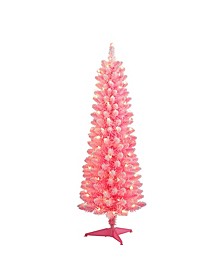Pre-Lit Flocked Fashion Pink Pencil Artificial Christmas Tree with 100 Lights, 4.5'