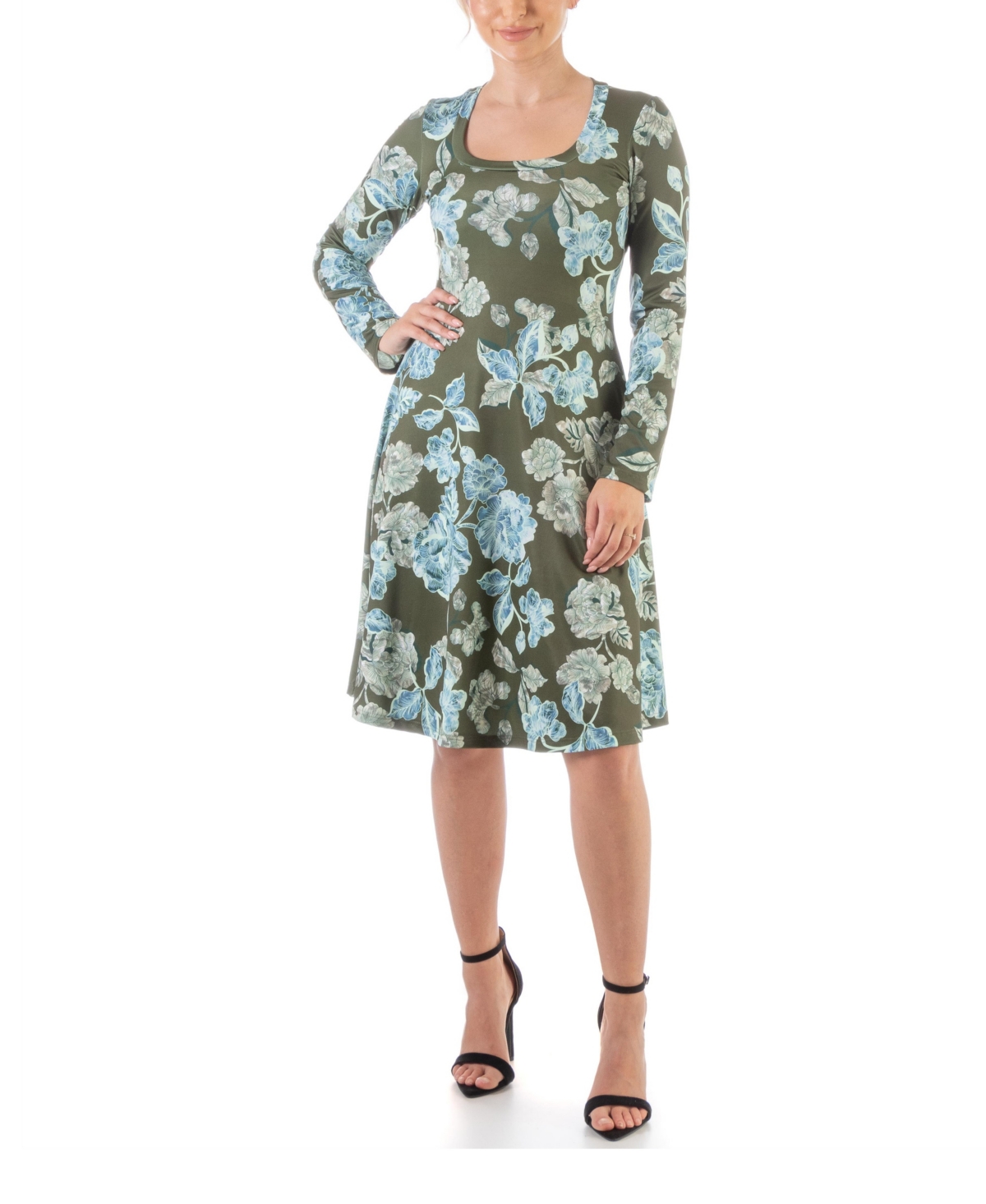 Women's Long Sleeve Knee Length T-shirt Dress - Green, Blue Multi
