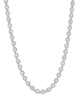Arabella - Cultured Freshwater Button Pearl (5 - 5-1/2mm) & Cubic Zirconia Halo & Marquise 17" Collar Necklace in Sterling Silver