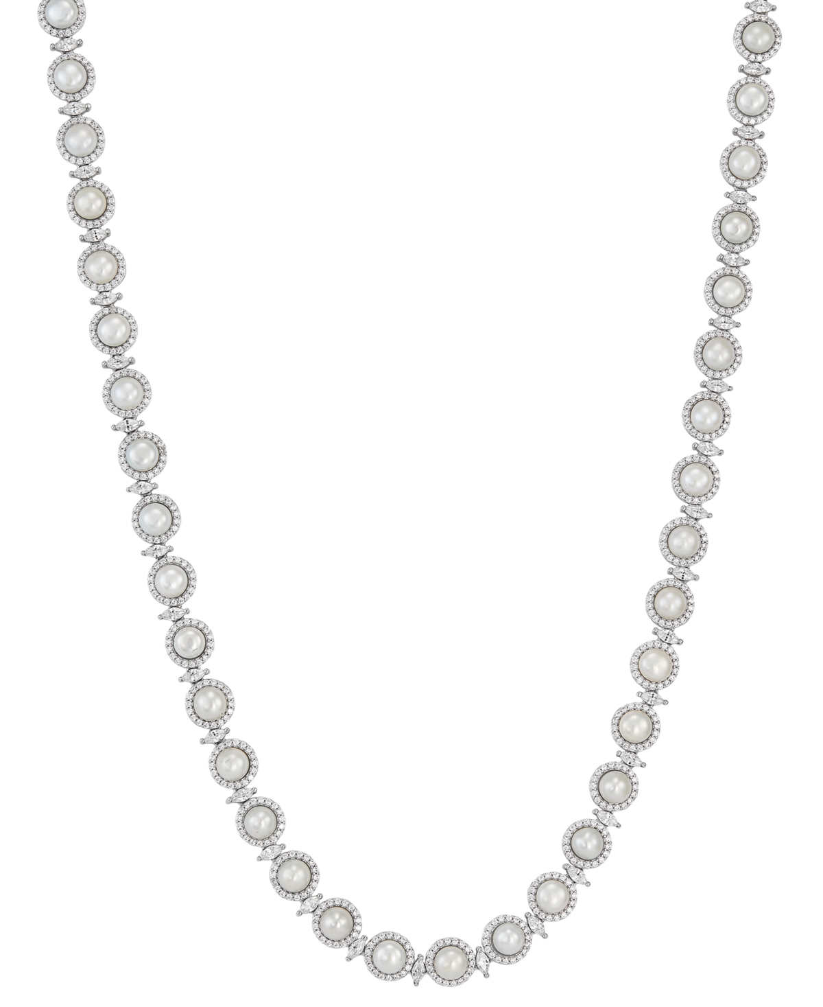 Arabella Cultured Freshwater Button Pearl (5 - 5-1/2mm) & Cubic Zirconia Halo & Marquise 17" Collar Necklace in Sterling Silver