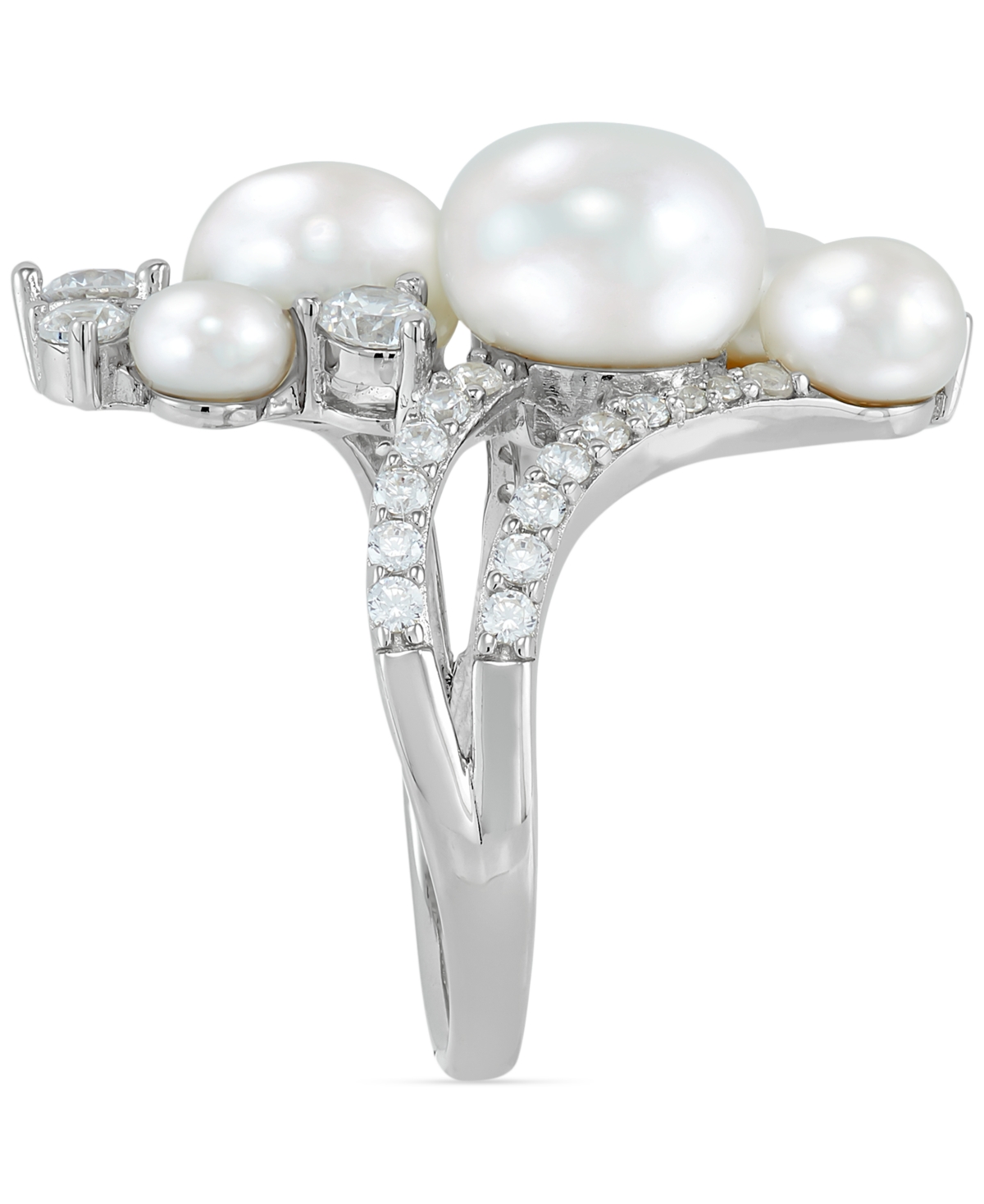 Arabella Cultured Freshwater Button Pearl (4 - 9-1/2mm) & Cubic Zirconia Cluster Ring - Sterling Silver