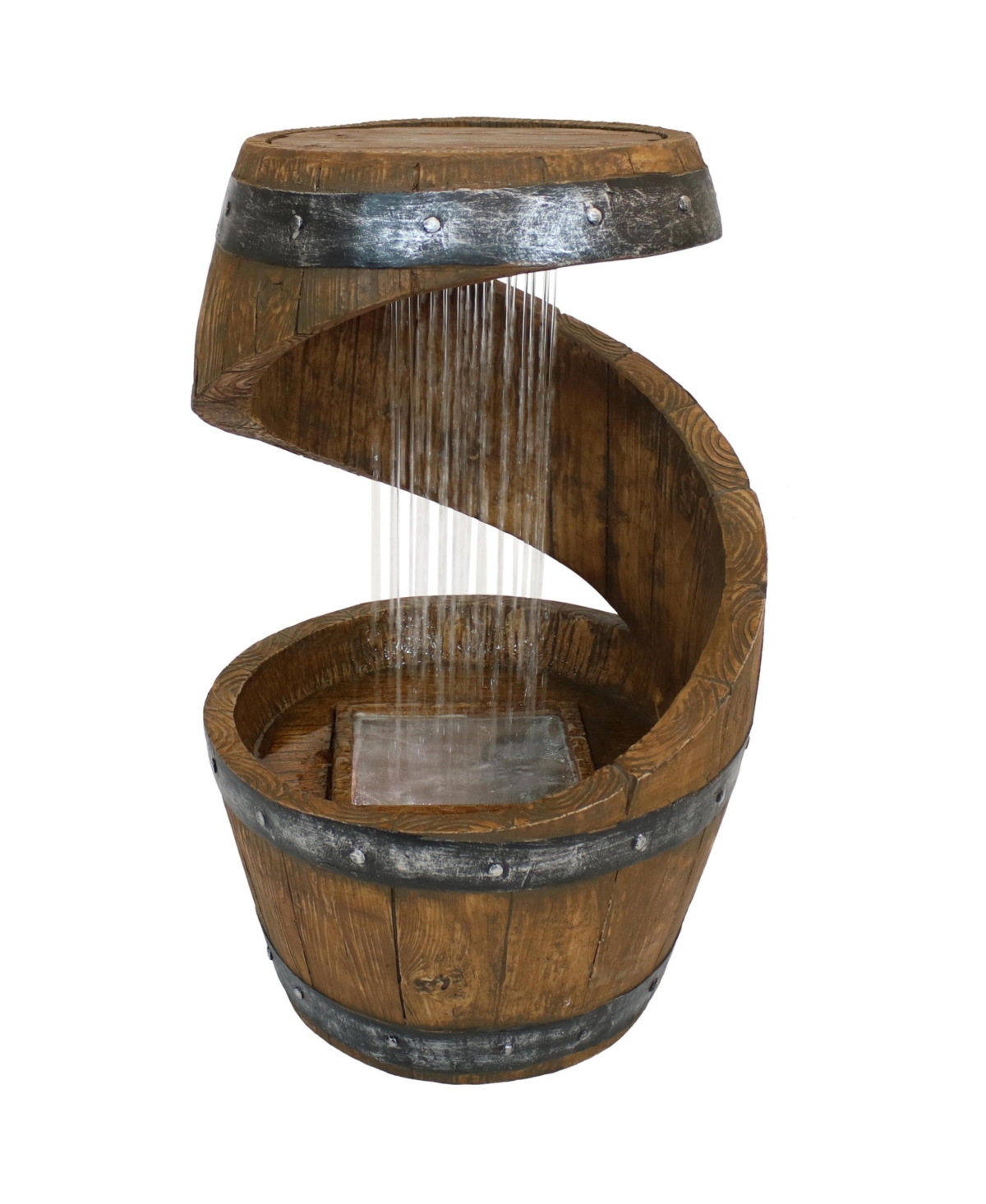 Spiraling Barrel Outdoor Water Fountain with Led Lights - 25 in - Brown