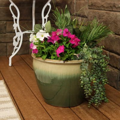Large Ceramic Planter - Indoor or Outdoor Plant Pot with Drainage Holes - Seafoam Glaze Finish - 15" - Chalet