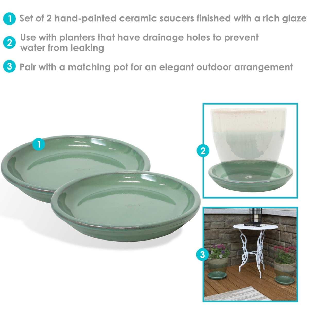 Sunnydaze Decor Glazed Ceramic Flower Pot/Plant Saucer - Seafoam - Set of 4