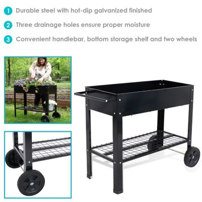 Outdoor Galvanized Steel Raised Mobile Elevated Planter Cart with Handlebar and Wheels - 43"